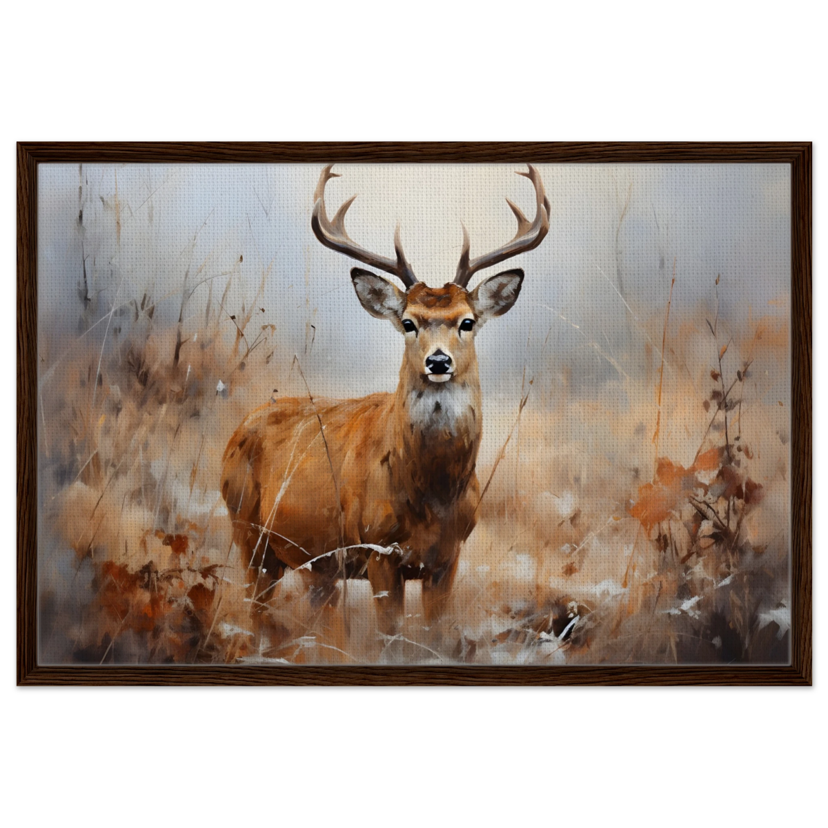 Majestic Stag – Wildlife Deer Portrait Wall Art Print - Framed Canvas - 60x90 cm / 24x36″ - Dark wood frame