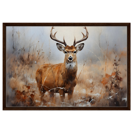 Majestic Stag – Wildlife Deer Portrait Wall Art Print - Framed Canvas - 60x90 cm / 24x36″ - Dark wood frame