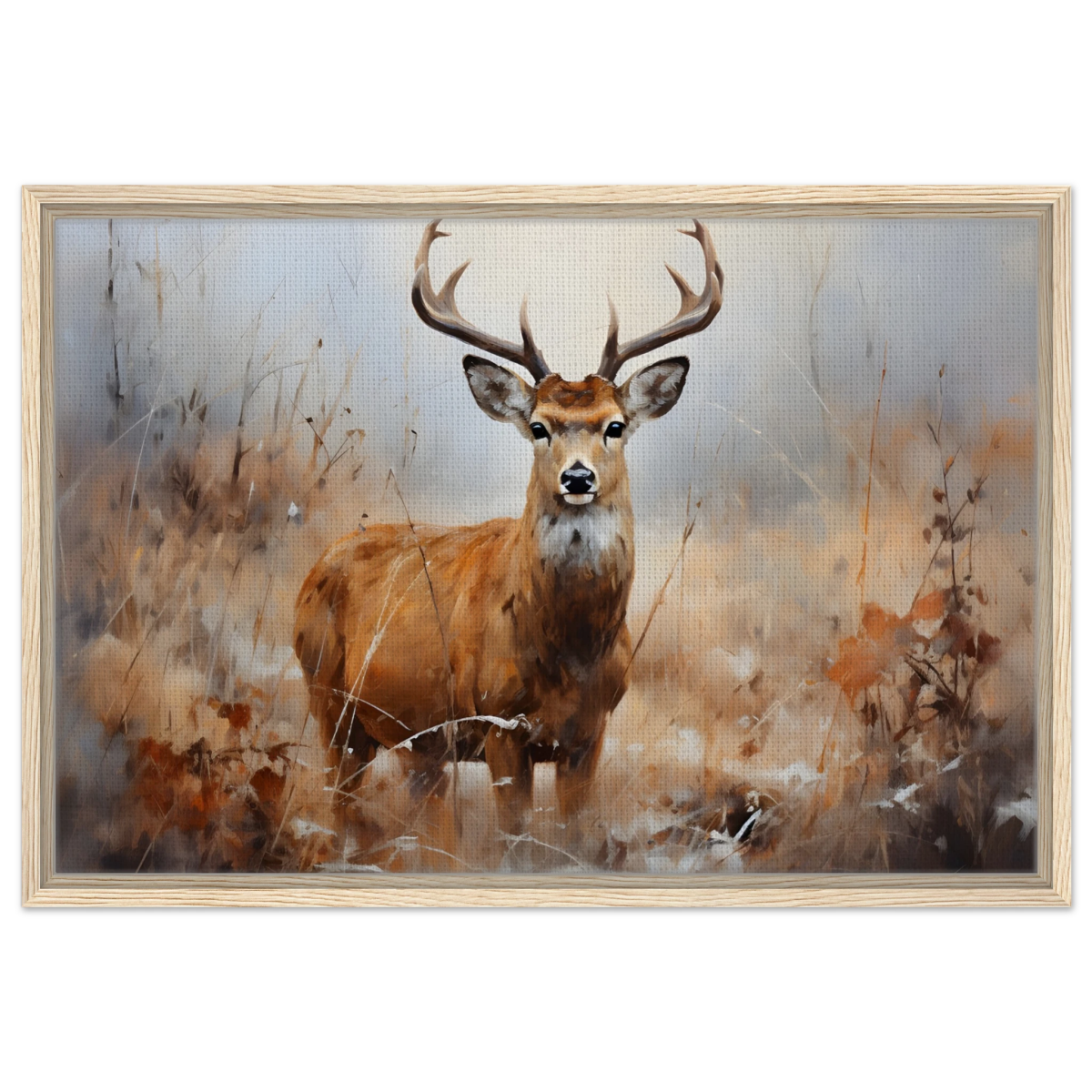 Majestic Stag – Wildlife Deer Portrait Wall Art Print - Framed Canvas - 50x75 cm / 20x30″ - Wood frame