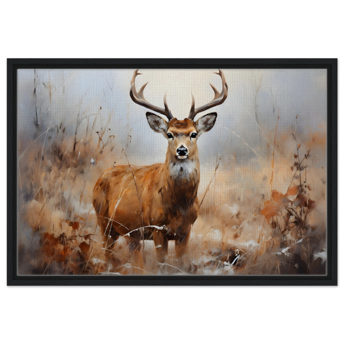 Majestic Stag – Wildlife Deer Portrait Wall Art Print - Framed Canvas - 50x75 cm / 20x30″ - Black frame