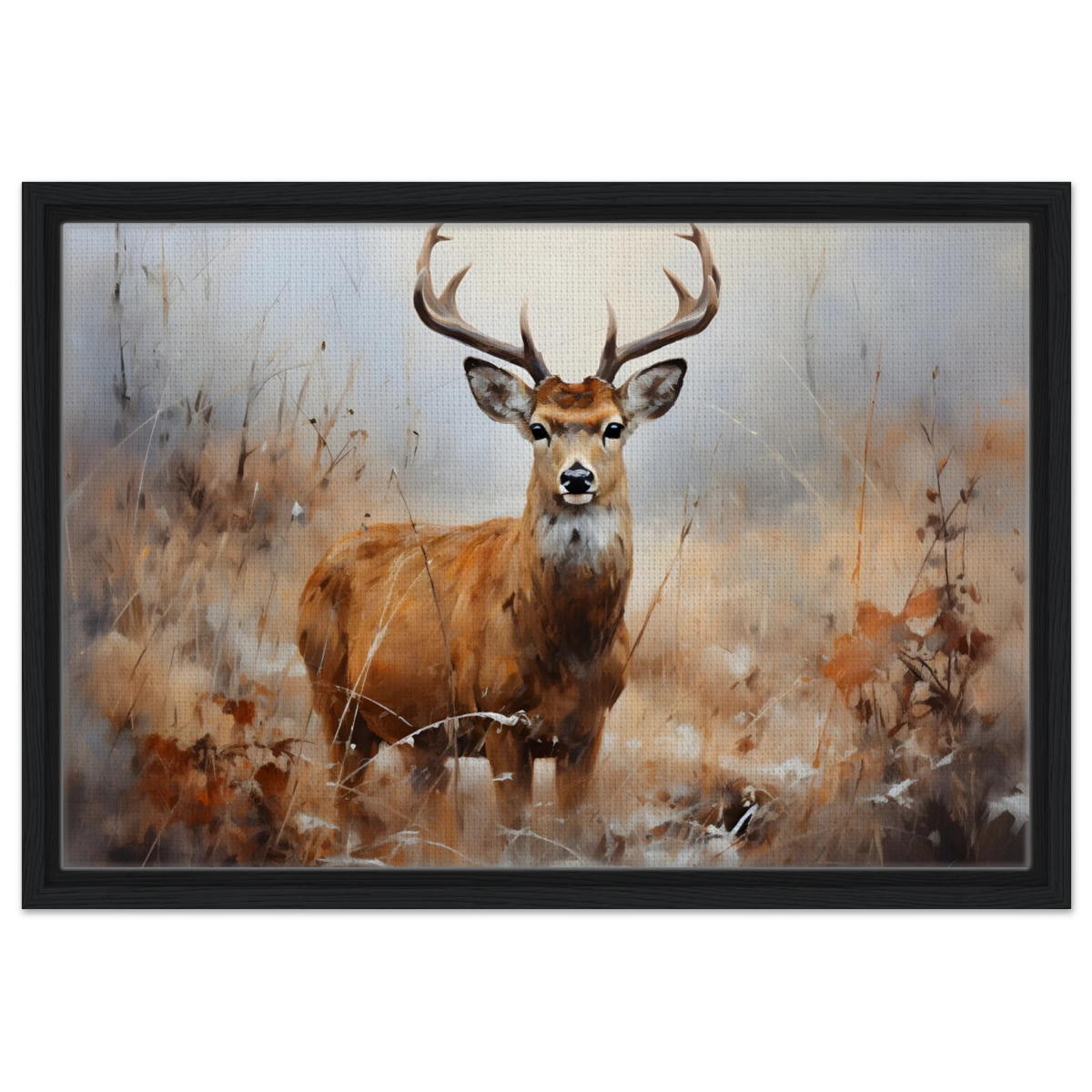 Majestic Stag – Wildlife Deer Portrait Wall Art Print - Framed Canvas - 40x60 cm / 16x24″ - Black frame