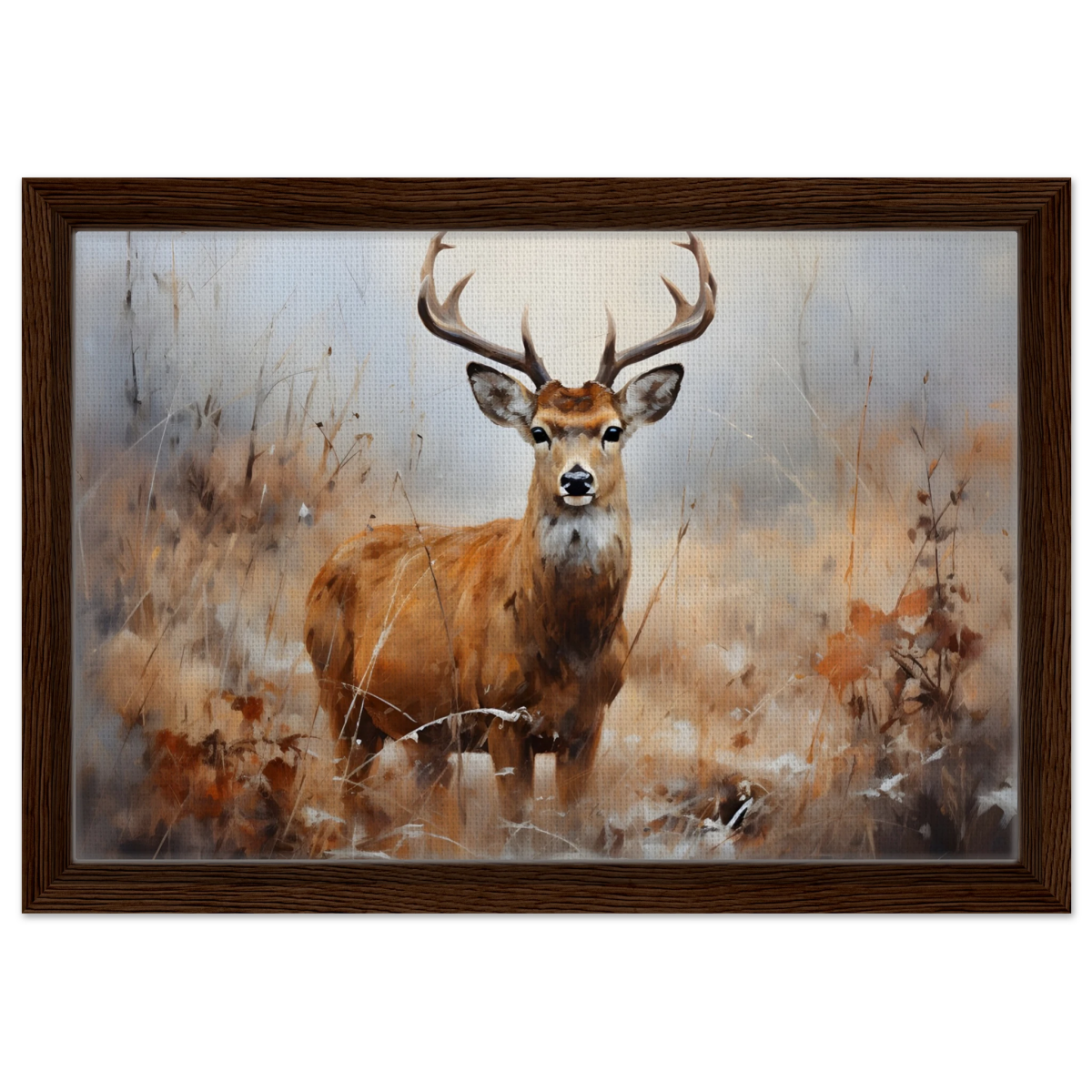 Majestic Stag – Wildlife Deer Portrait Wall Art Print - Framed Canvas - 30x45 cm / 12x18″ - Dark wood frame