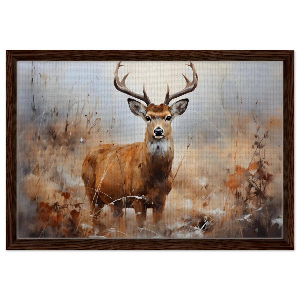 Majestic Stag – Wildlife Deer Portrait Wall Art Print - Framed Canvas - 40x60 cm / 16x24″ - Dark wood frame