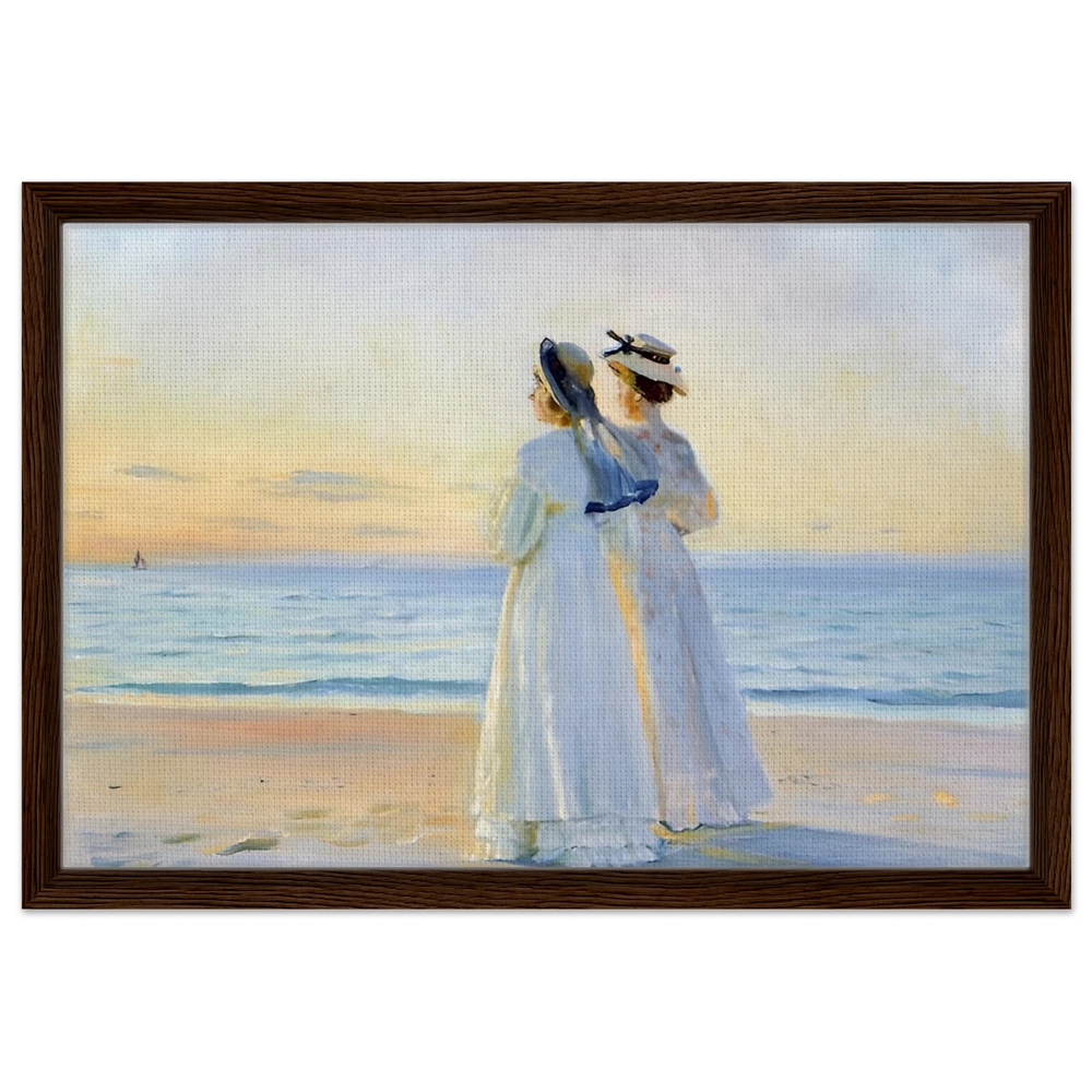 Marie Dinesen And Anna Bitch on Skagen Nordstrand by Michael Peter Ancher | Wall art Print - Framed Canvas - 40x60 cm / 16x24″ - Dark wood frame