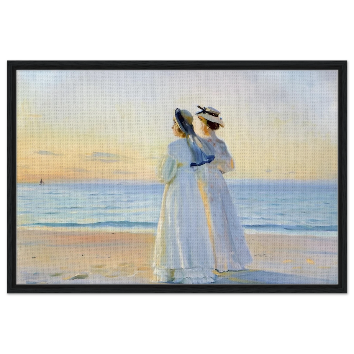Marie Dinesen And Anna Bitch on Skagen Nordstrand by Michael Peter Ancher | Wall art Print - Framed Canvas - 60x90 cm / 24x36″ - Black frame