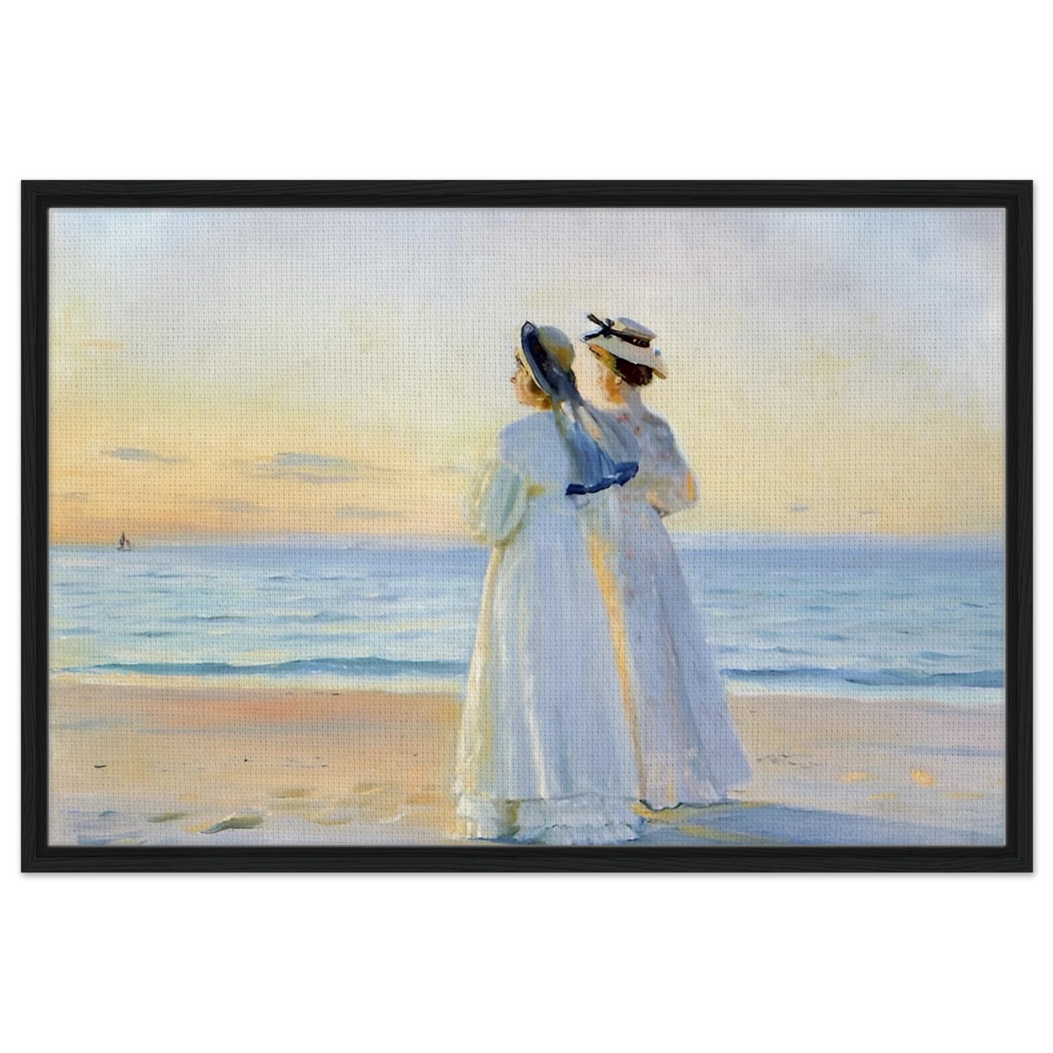 Marie Dinesen And Anna Bitch on Skagen Nordstrand by Michael Peter Ancher | Wall art Print - Framed Canvas - 60x90 cm / 24x36″ - Black frame