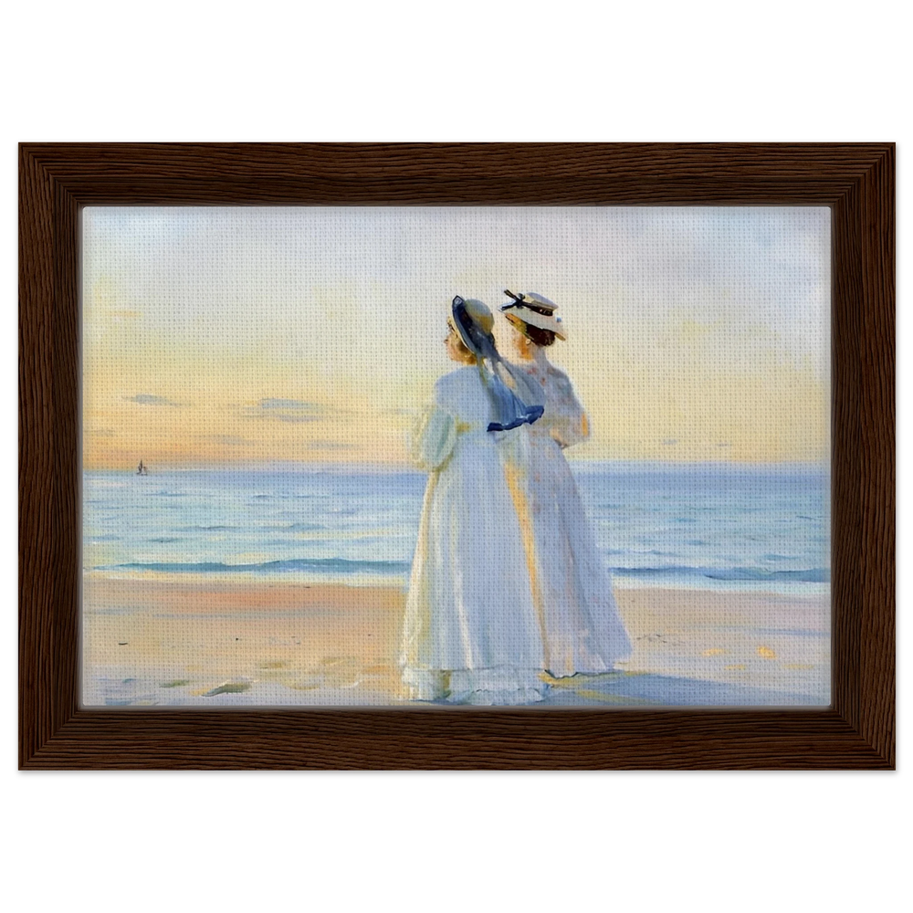 Marie Dinesen And Anna Bitch on Skagen Nordstrand by Michael Peter Ancher | Wall art Print - Framed Canvas - 20x30 cm / 8x12″ - Dark wood frame