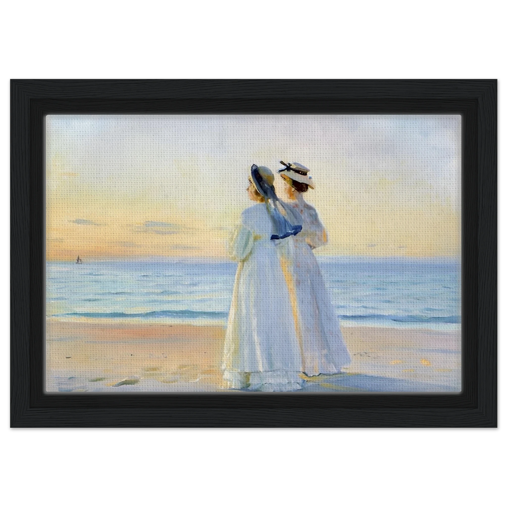 Marie Dinesen And Anna Bitch on Skagen Nordstrand by Michael Peter Ancher | Wall art Print - Framed Canvas - 20x30 cm / 8x12″ - Black frame