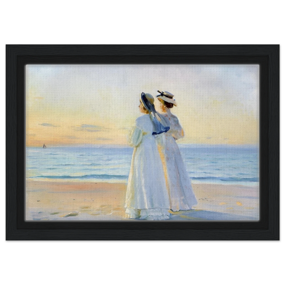 Marie Dinesen And Anna Bitch on Skagen Nordstrand by Michael Peter Ancher | Wall art Print - Framed Canvas - 20x30 cm / 8x12″ - Black frame