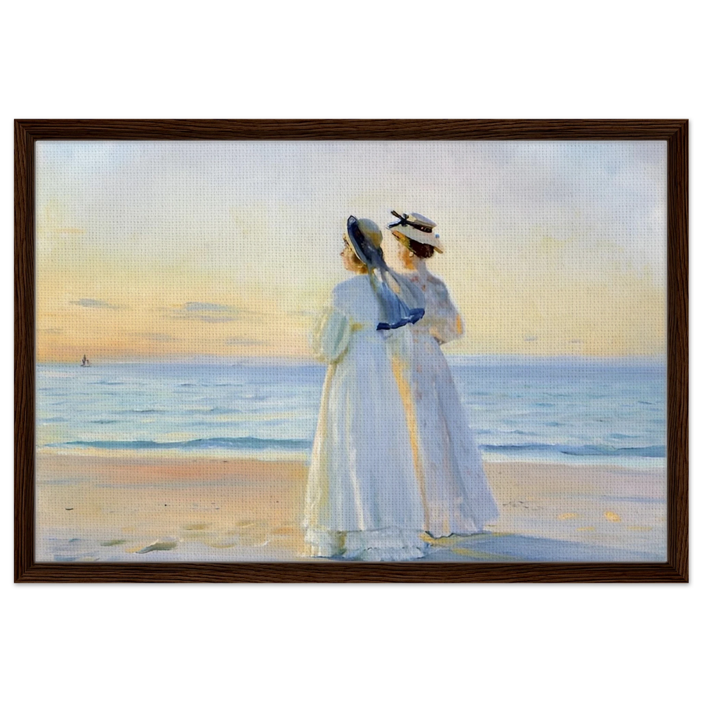 Marie Dinesen And Anna Bitch on Skagen Nordstrand by Michael Peter Ancher | Wall art Print - Framed Canvas - 50x75 cm / 20x30″ - Dark wood frame