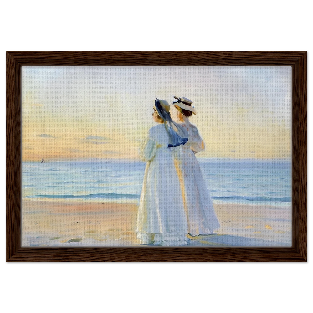 Marie Dinesen And Anna Bitch on Skagen Nordstrand by Michael Peter Ancher | Wall art Print - Framed Canvas - 30x45 cm / 12x18″ - Dark wood frame