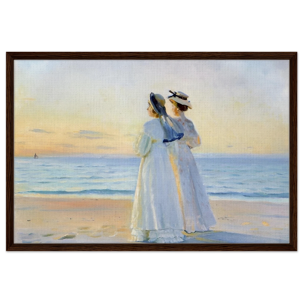 Marie Dinesen And Anna Bitch on Skagen Nordstrand by Michael Peter Ancher | Wall art Print - Framed Canvas - 60x90 cm / 24x36″ - Dark wood frame