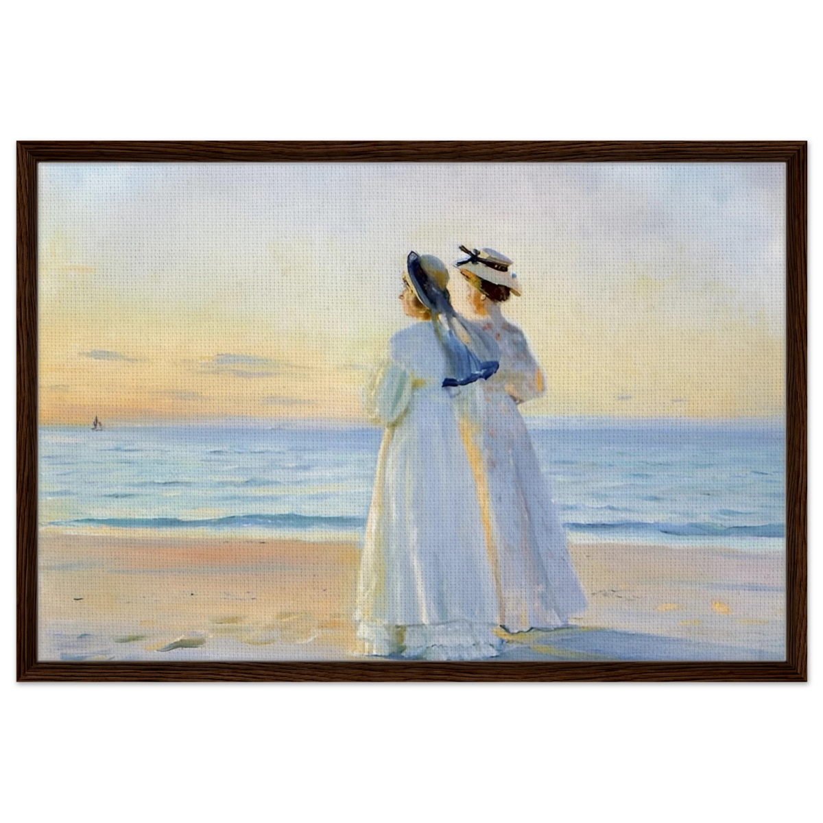 Marie Dinesen And Anna Bitch on Skagen Nordstrand by Michael Peter Ancher | Wall art Print - Framed Canvas - 60x90 cm / 24x36″ - Dark wood frame