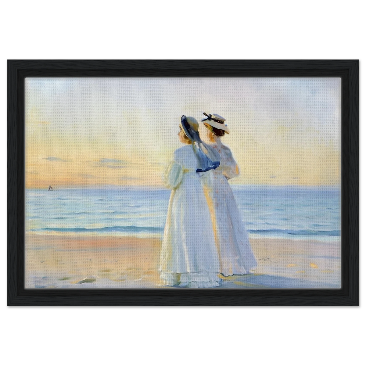 Marie Dinesen And Anna Bitch on Skagen Nordstrand by Michael Peter Ancher | Wall art Print - Framed Canvas - 30x45 cm / 12x18″ - Black frame