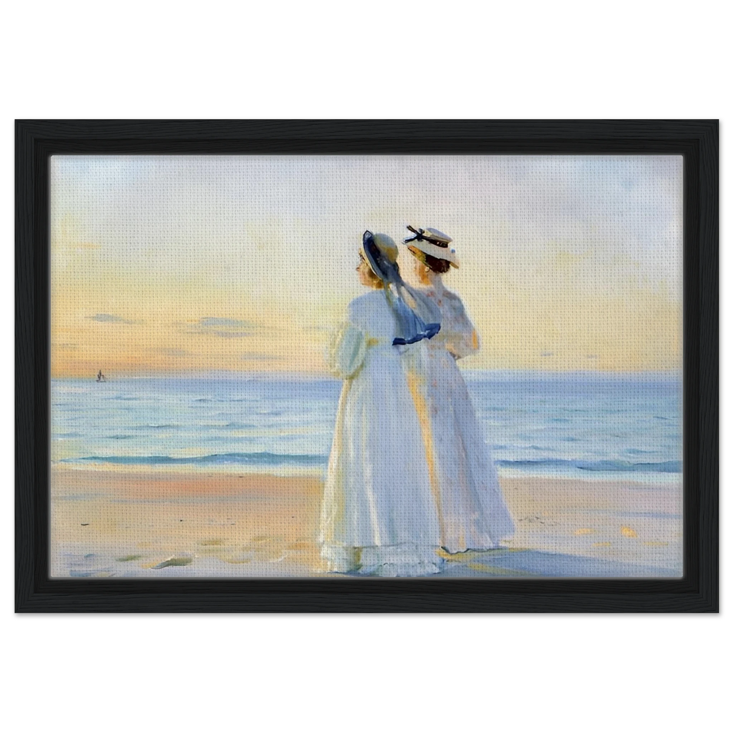 Marie Dinesen And Anna Bitch on Skagen Nordstrand by Michael Peter Ancher | Wall art Print - Framed Canvas - 30x45 cm / 12x18″ - Black frame