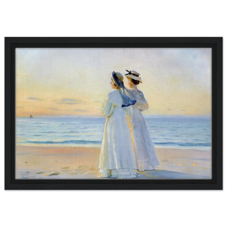 Marie Dinesen And Anna Bitch on Skagen Nordstrand by Michael Peter Ancher | Wall art Print - Framed Canvas - 30x45 cm / 12x18″ - Black frame