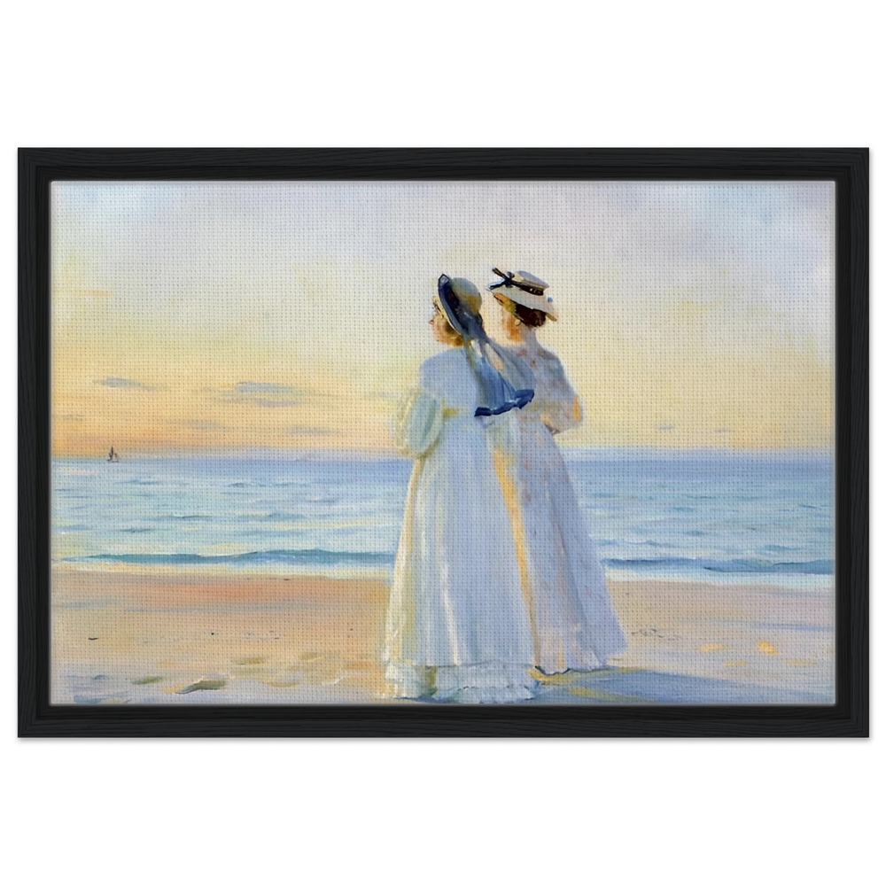 Marie Dinesen And Anna Bitch on Skagen Nordstrand by Michael Peter Ancher | Wall art Print - Framed Canvas - 40x60 cm / 16x24″ - Black frame