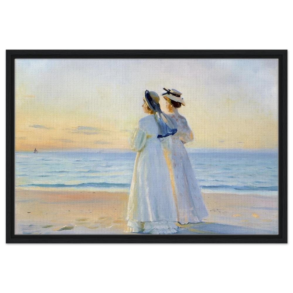 Marie Dinesen And Anna Bitch on Skagen Nordstrand by Michael Peter Ancher | Wall art Print - Framed Canvas - 50x75 cm / 20x30″ - Black frame