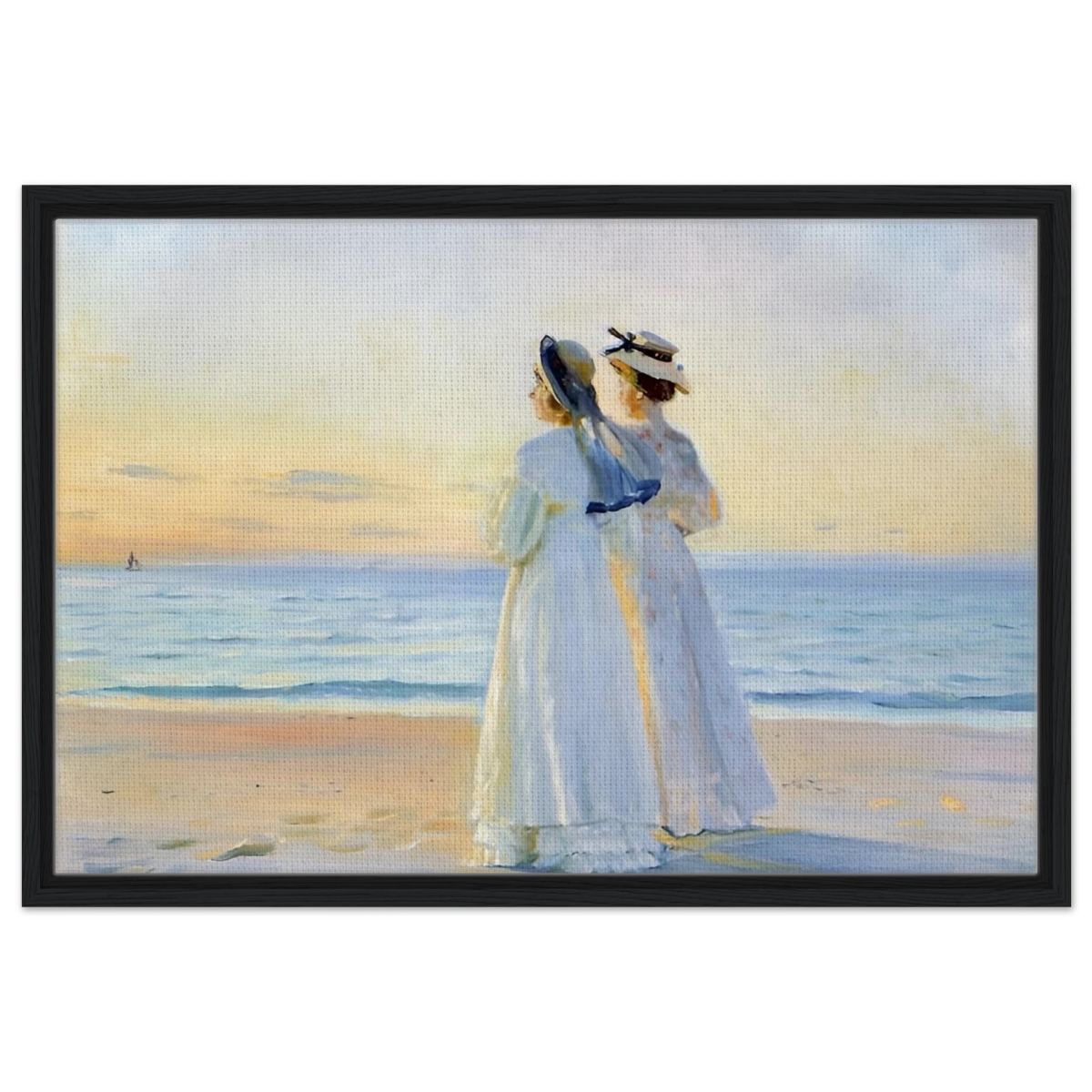 Marie Dinesen And Anna Bitch on Skagen Nordstrand by Michael Peter Ancher | Wall art Print - Framed Canvas - 50x75 cm / 20x30″ - Black frame