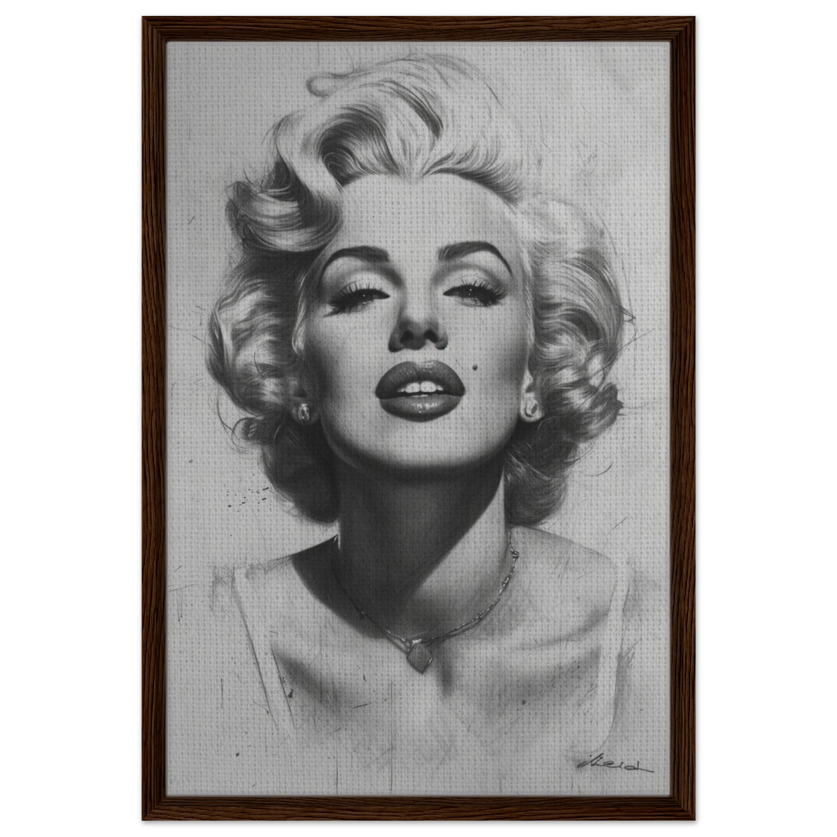 "Marilyn Monroe – Timeless Icon" – Black & White Glamour Portrait Wall Art Print - Framed Canvas - 50x75 cm / 20x30″ - Dark wood frame