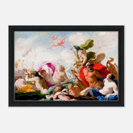 Marine Gods Paying Homage to Love by Eustache Le Sueur 1499 | Vintage wall art print - Framed Canvas - 30x45 cm / 12x18″ - Black frame