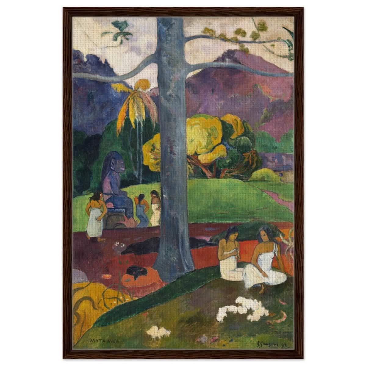 Mata Mua (Once Upon a Time) (1892) by Paul Gauguin | Vintage wall art print - Framed Canvas - 60x90 cm / 24x36″ - Dark wood frame