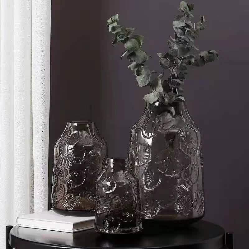 Minimalist Glass Vase – Transparent Green & Coffee Brown Decorative Ornaments - Brown Large - 