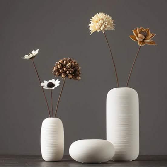 Minimalist White Ceramic Vase Set – Modern Decorative Vases for Home & Office - Set Of Three - 