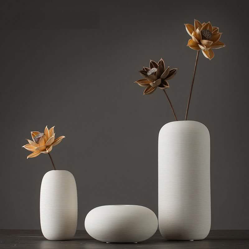 Minimalist White Ceramic Vase Set – Modern Decorative Vases for Home & Office - Set Of Three - 