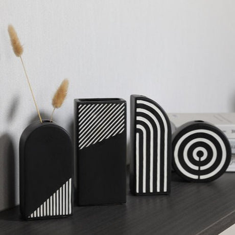 Modern Black and White Striped Ceramic Vase – Geometric Decorative Flower Vase - Rectangular Stripe Vase - 