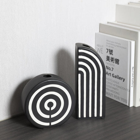 Modern Black and White Striped Ceramic Vase – Geometric Decorative Flower Vase - Rectangular Stripe Vase - 