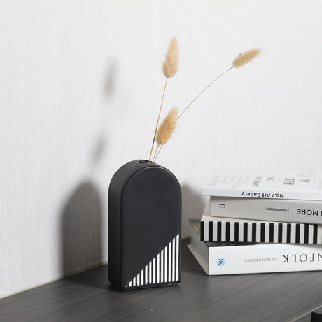 Modern Black and White Striped Ceramic Vase – Geometric Decorative Flower Vase - Rectangular Stripe Vase - 