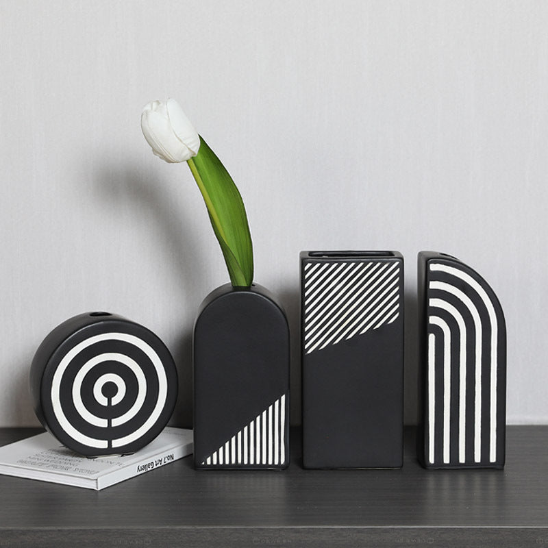 Modern Black and White Striped Ceramic Vase – Geometric Decorative Flower Vase - Rectangular Stripe Vase - 