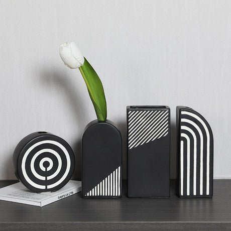 Modern Black and White Striped Ceramic Vase – Geometric Decorative Flower Vase - Rectangular Stripe Vase - 