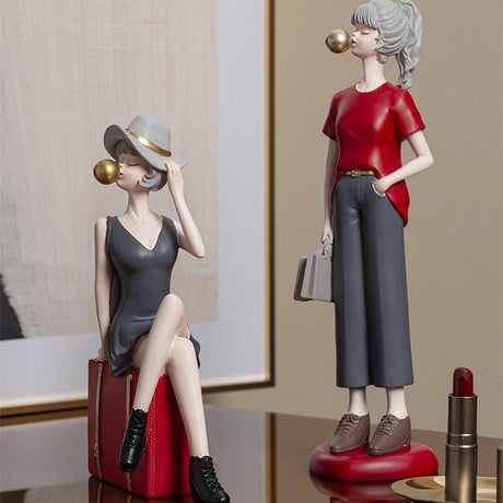 Modern Bubble Girl Resin Figurines – Elegant Home Décor Sculptures - Bubble Girl in Red Dress - 