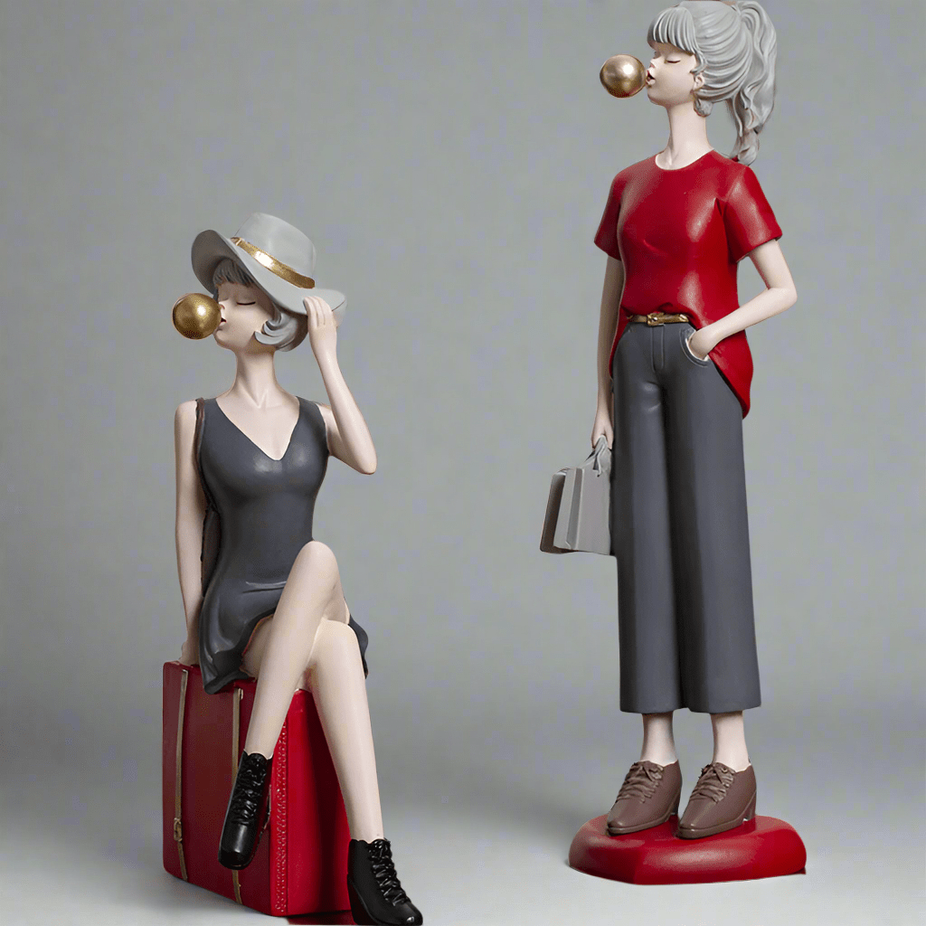 Modern Bubble Girl Resin Figurines – Elegant Home Décor Sculptures - Bubble Girl in Red Dress - 