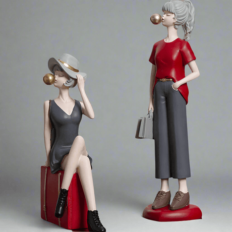 Modern Bubble Girl Resin Figurines – Elegant Home Décor Sculptures - Bubble Girl in Red Dress - 