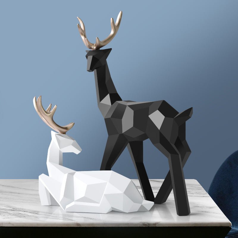 Modern Geometric Deer Sculptures – Resin Figurines for Home Décor | Figurines Modern Decoration - White and Black set - 
