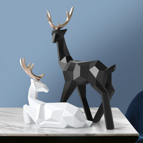 Modern Geometric Deer Sculptures – Resin Figurines for Home Décor | Figurines Modern Decoration - White and Black set - 