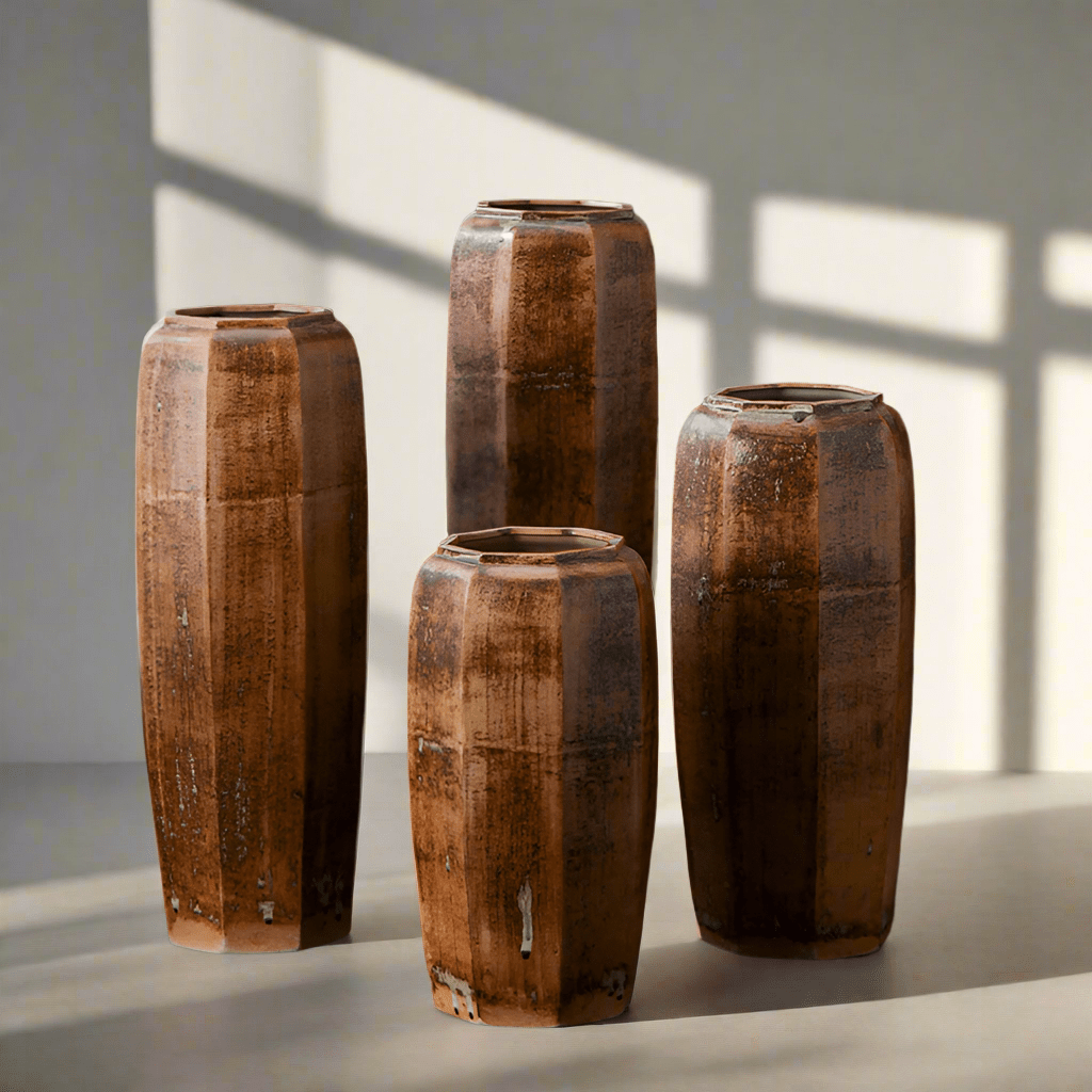 Modern Minimalist Ceramic Floor Vase – Tall Octagonal Bronze Design - 50cm - Bronze - 