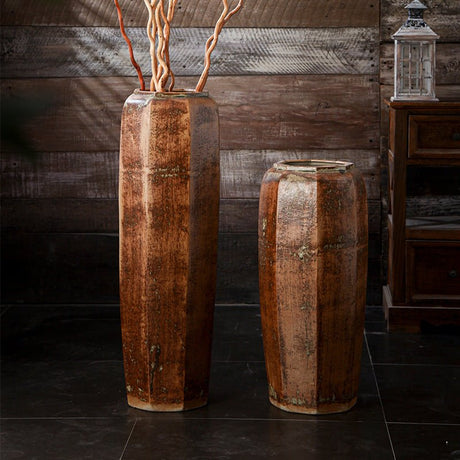 Modern Minimalist Ceramic Floor Vase – Tall Octagonal Bronze Design - 50cm - Bronze - 