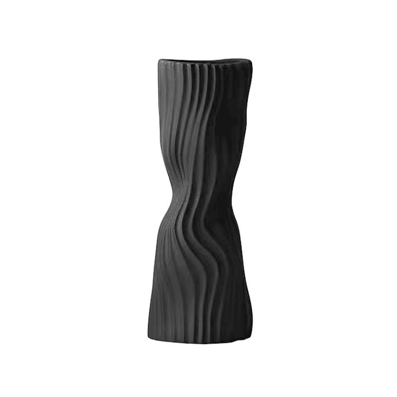 Modern Minimalist Corrugated Resin Vase – Black & White Sculptural Flower Holder - Black Large 13x11x34cm - 