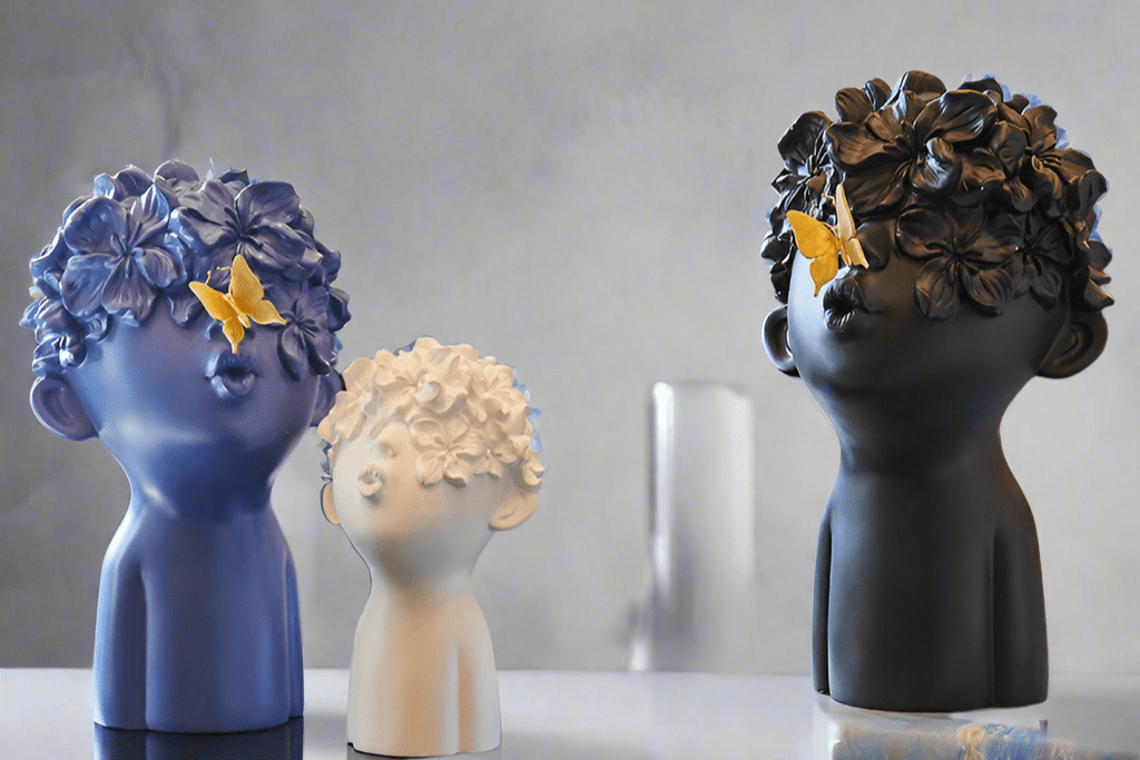 Modern Nordic Flower Head Sculpture – Handmade Resin Art - Trio Set - 