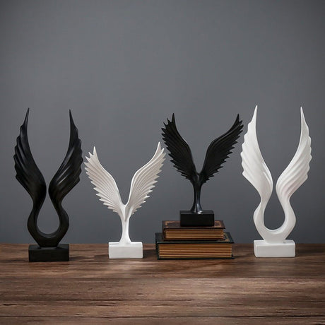 Modern Resin Angel Wing Sculptures – Elegant Home Décor Ornaments - Black Angel Wing Sculpture (Uplifted Design) - 