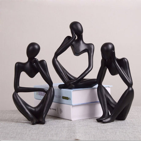 Modern Thinker Abstract Resin Sculptures – Set of 3 Minimalist Figurines | Resin Statue Home Crafts Home Decoration Modern Figurines For Interior - Black - 001 - 