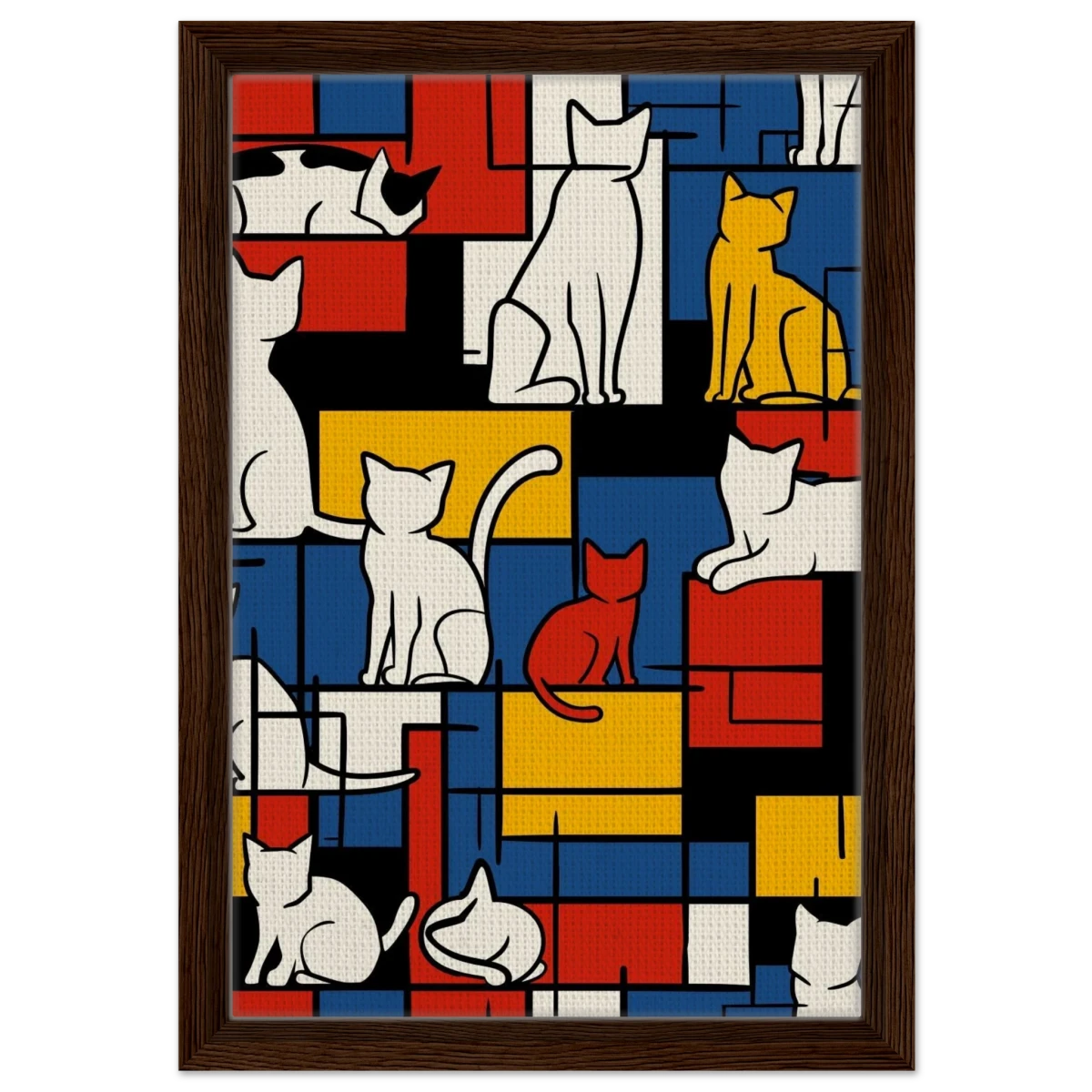 MondriCats – A Purrfect Balance | Wall art print - Framed Canvas - 30x45 cm / 12x18″ - Dark wood frame