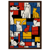 MondriCats – A Purrfect Balance | Wall art print - Framed Canvas - 50x75 cm / 20x30″ - Dark wood frame