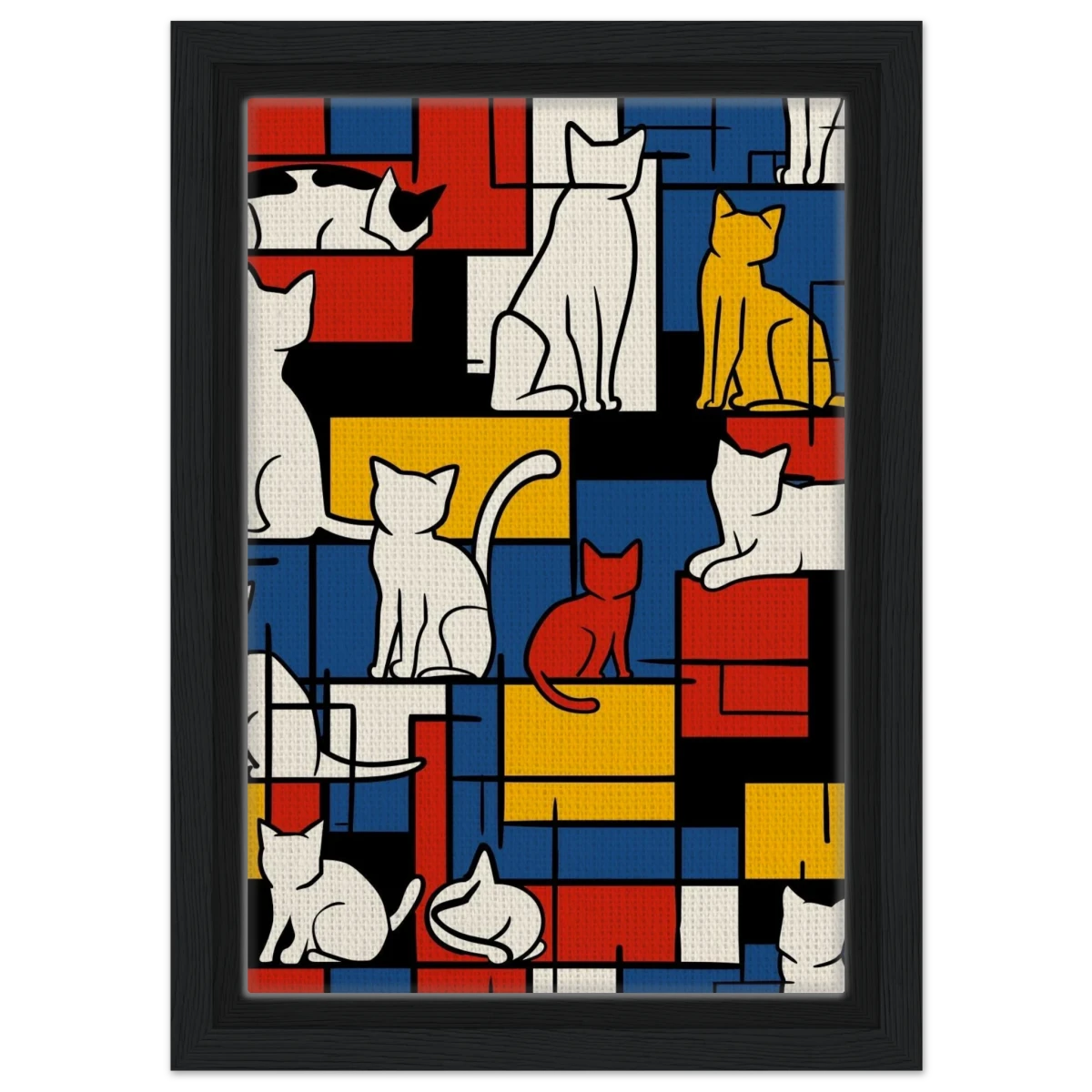 MondriCats – A Purrfect Balance | Wall art print - Framed Canvas - 20x30 cm / 8x12″ - Black frame