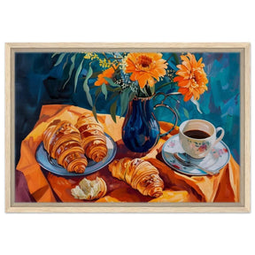 Morning Elegance: Croissants and Coffee | Still Life Contemporary Impressionism | wall art print - Framed Canvas - 40x60 cm / 16x24″ - Wood frame
