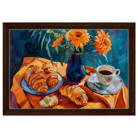 Morning Elegance: Croissants and Coffee | Still Life Contemporary Impressionism | wall art print - Framed Canvas - 30x45 cm / 12x18″ - Dark wood frame